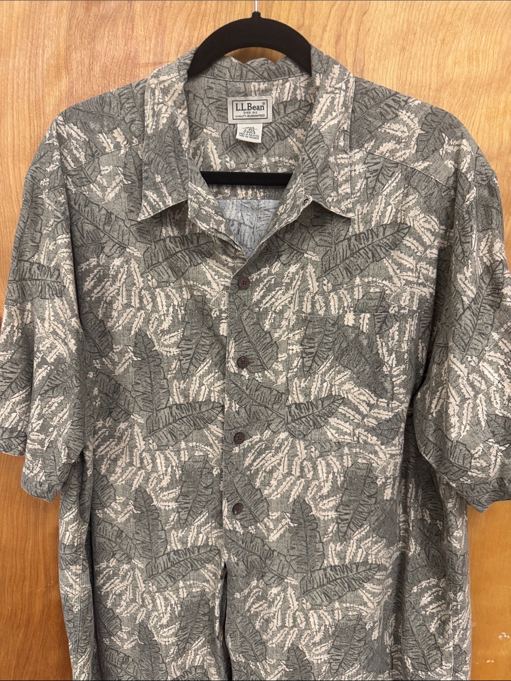 L.L. Bean Gray and Cream Tropical Print Short-Sleeve Button-Up Shirt